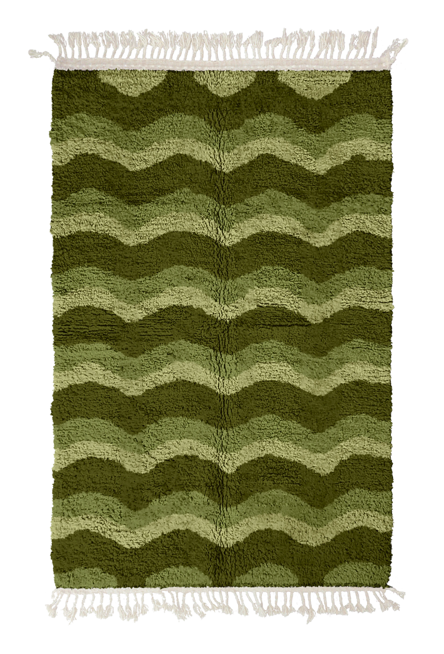 Scallop Tide wavy wool rug, moss green waves and sage olive lines on olive green, full view