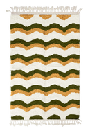 Scallop Tide wavy wool rug, olive green waves and ochre yellow lines on cream, full view