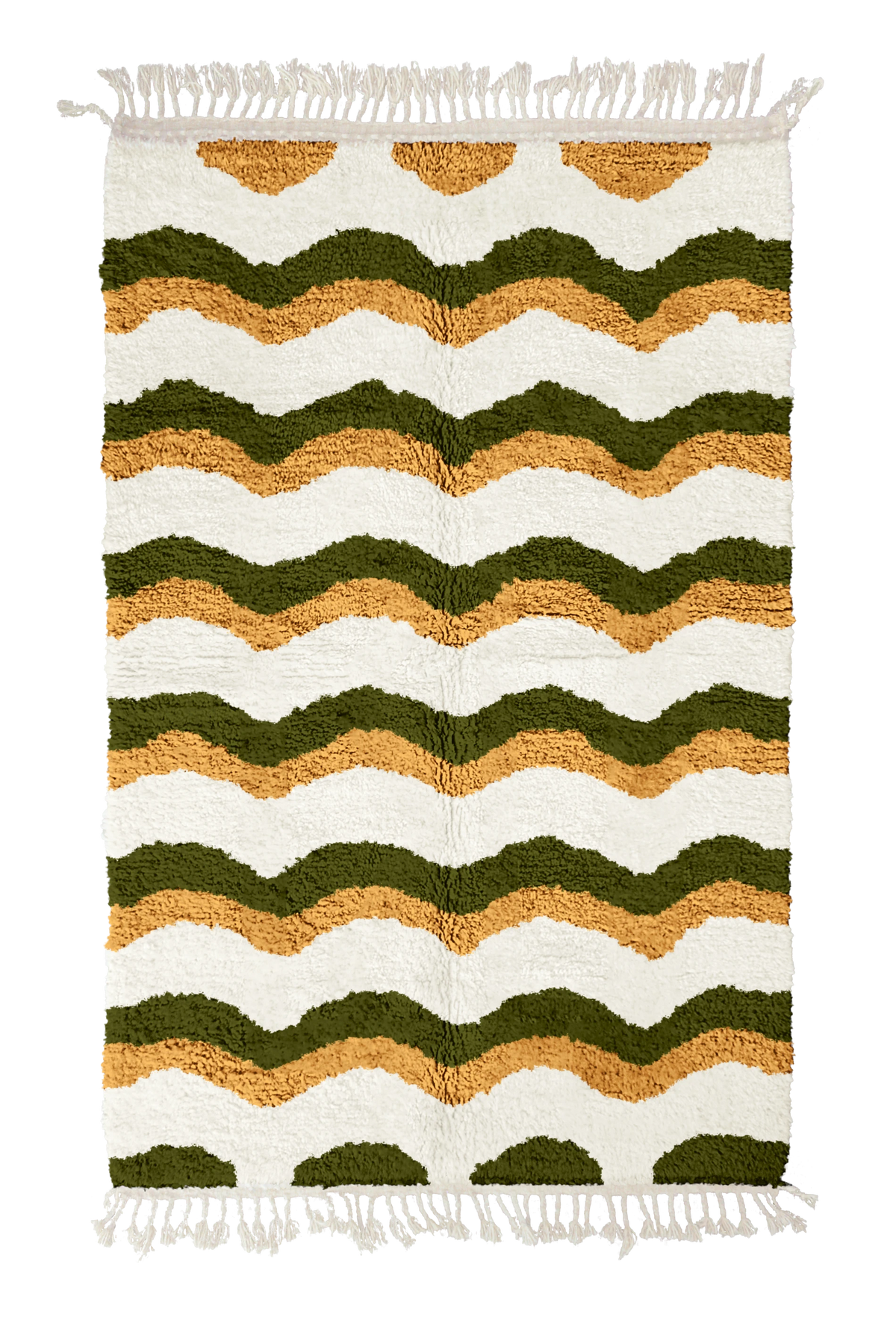 Scallop Tide wavy wool rug, olive green waves and ochre yellow lines on cream, full view