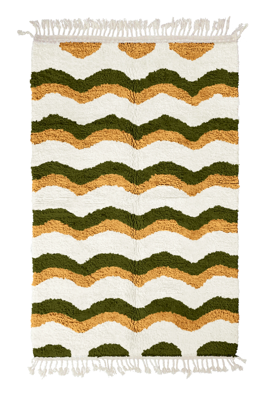 Scallop Tide wavy wool rug, olive green waves and ochre yellow lines on cream, full view