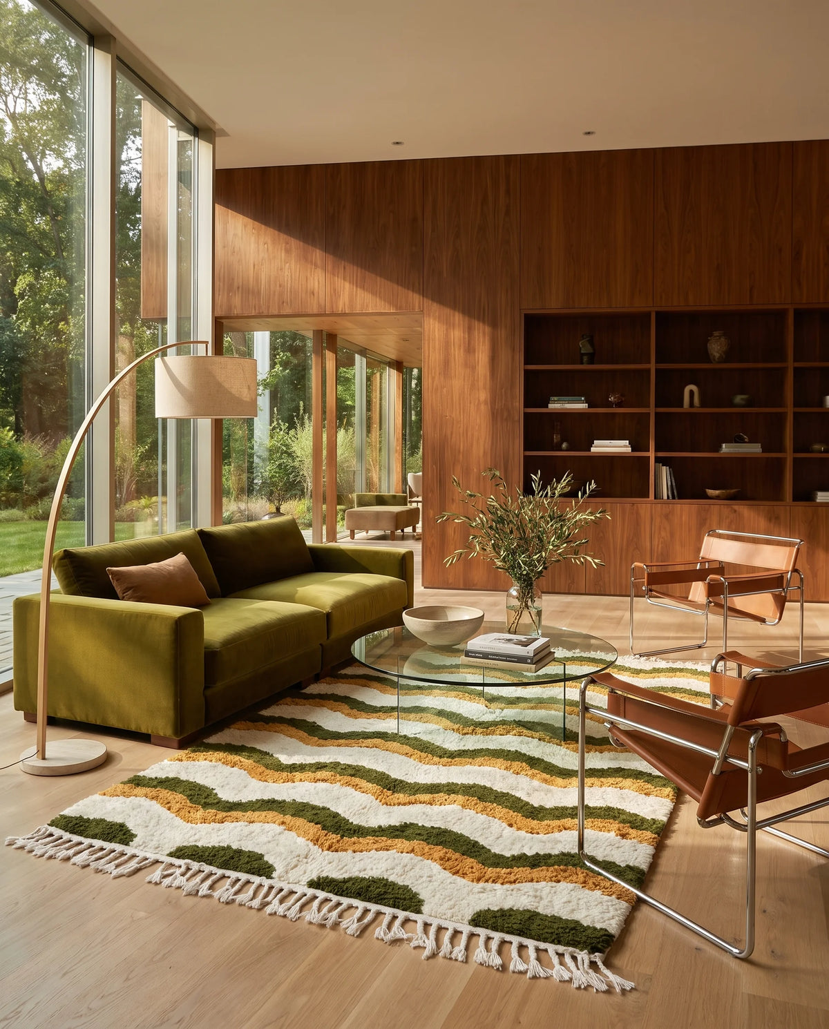 Olive Green, Ochre Yellow and Cream wavy wool rug in a furnished room