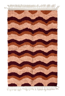 Scallop Tide wavy wool rug, oxblood red waves and terracotta lines on blush pink, full view