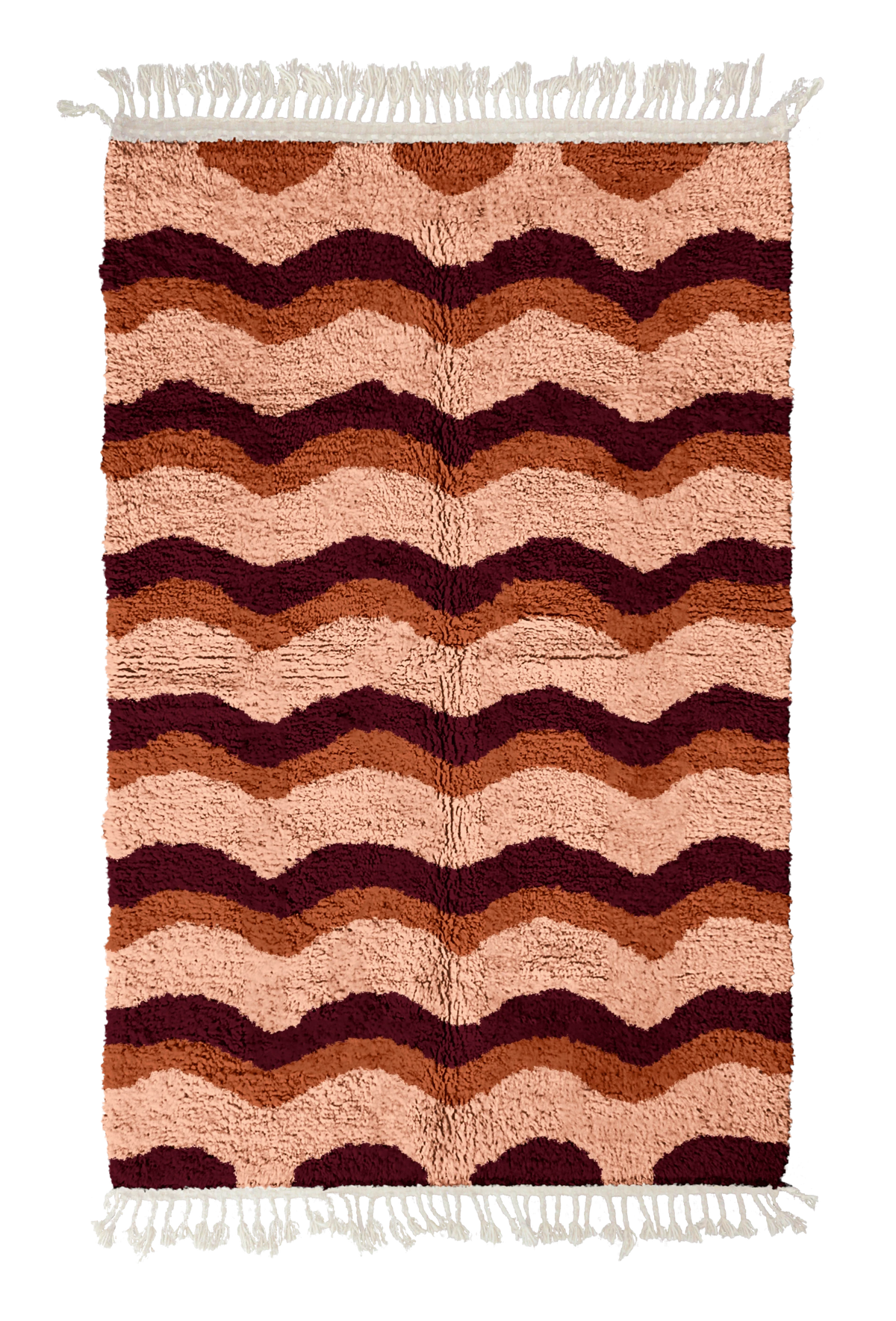 Scallop Tide wavy wool rug, oxblood red waves and terracotta lines on blush pink, full view