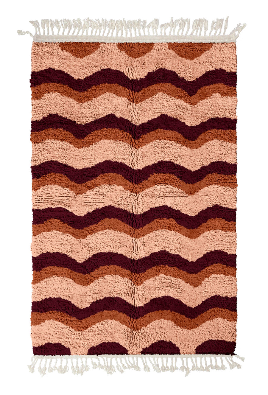 Scallop Tide wavy wool rug, oxblood red waves and terracotta lines on blush pink, full view