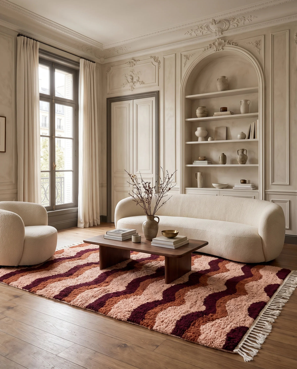 Burgundy, Terracotta and Blush Pink wavy wool rug in a furnished room