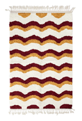 Load image into Gallery viewer, Scallop Tide wavy wool rug, burgundy waves and ochre yellow lines on cream, full view
