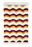 Scallop Tide wavy wool rug, burgundy waves and ochre yellow lines on cream, full view