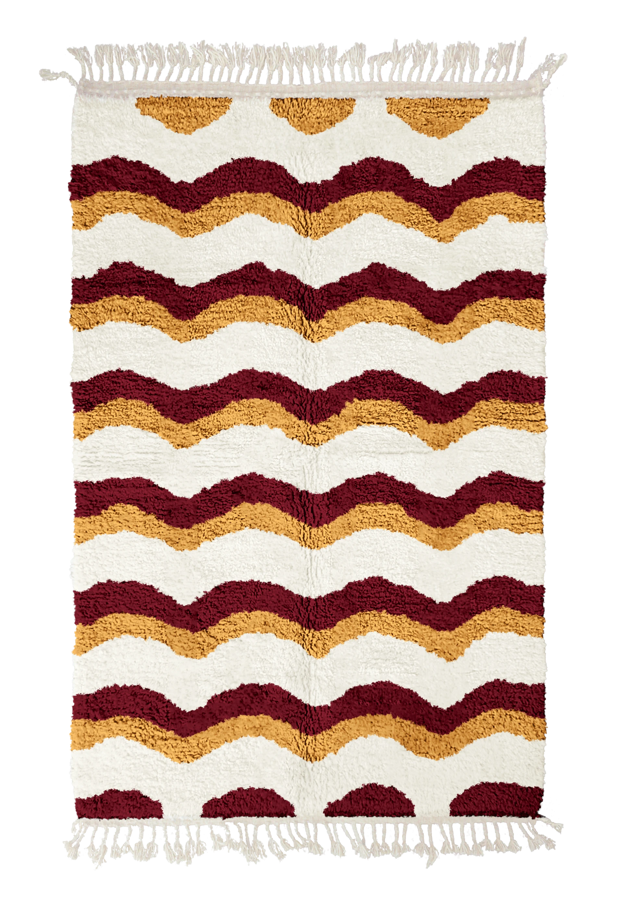 Scallop Tide wavy wool rug, burgundy waves and ochre yellow lines on cream, full view