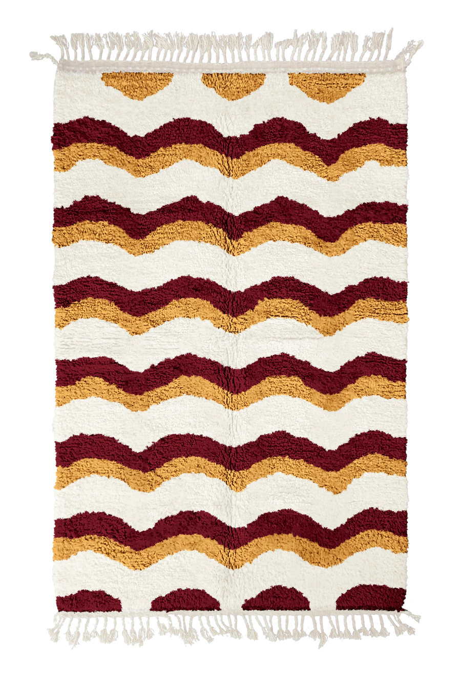 Scallop Tide wavy wool rug, burgundy waves and ochre yellow lines on cream, full view