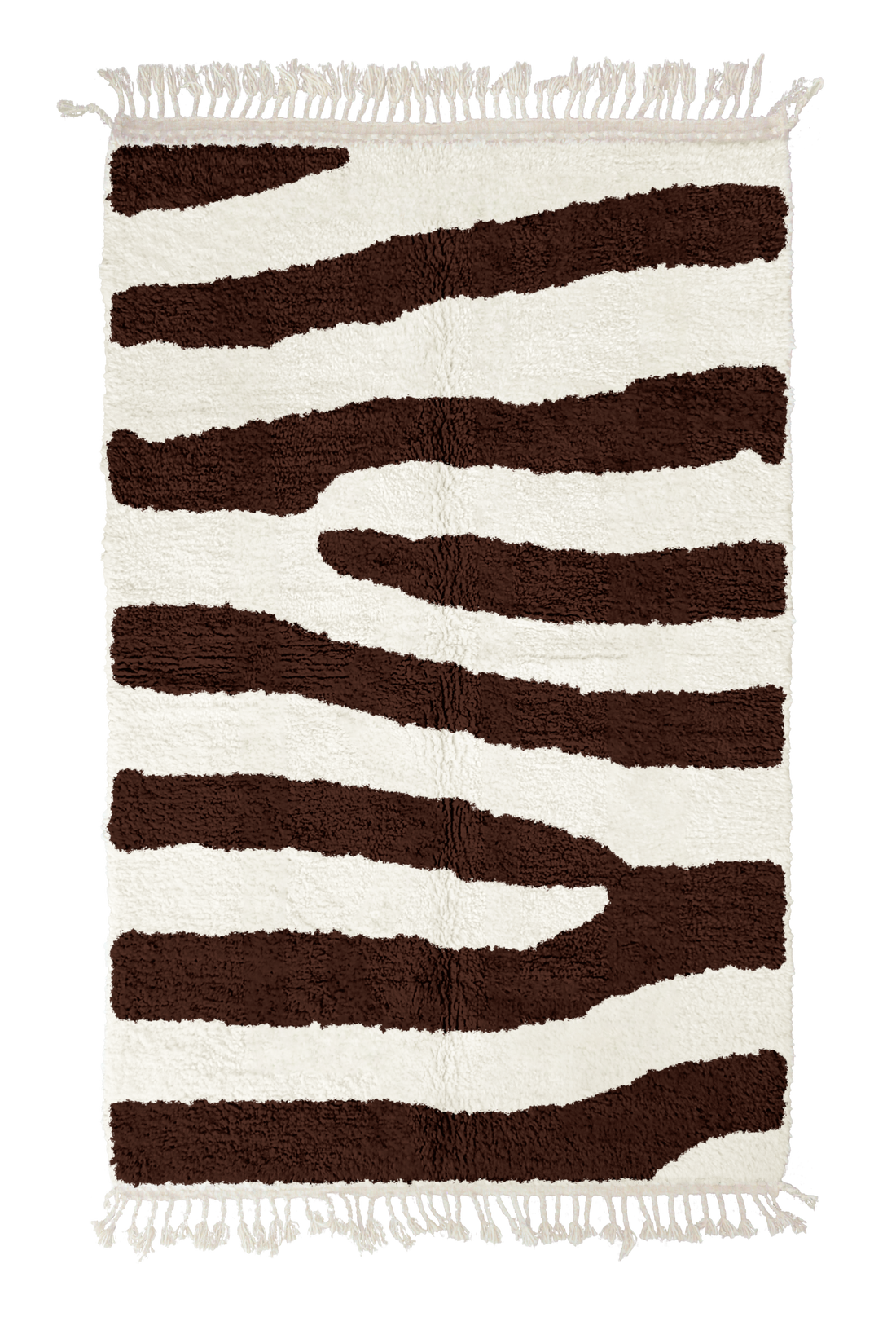Fork Stride zebra stripe wool rug, dark brown stripes on cream, full view from above with fringed ends