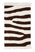 Load image into Gallery viewer, Fork Stride zebra stripe wool rug, dark brown stripes on cream, full view from above with fringed ends

