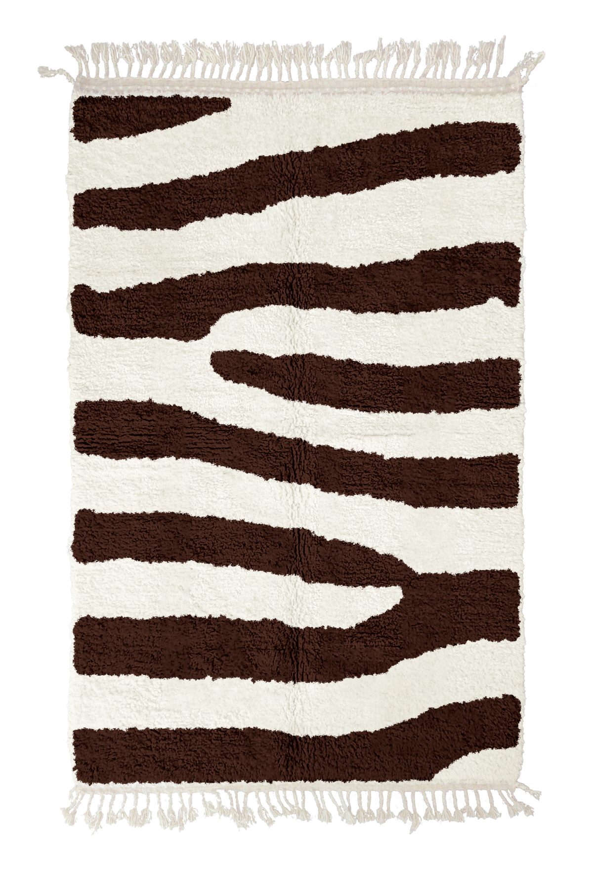 Fork Stride zebra stripe wool rug, dark brown stripes on cream, full view from above with fringed ends