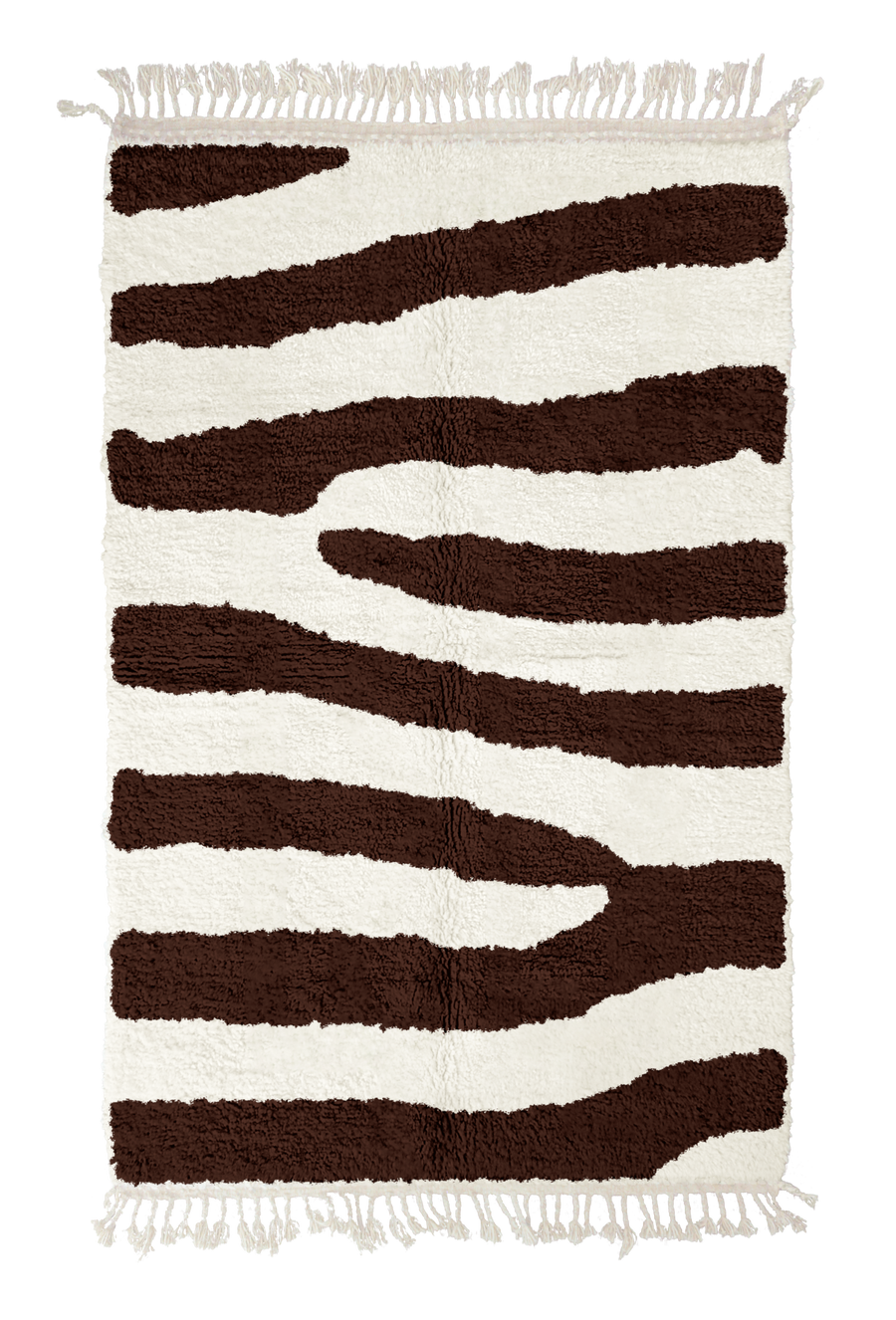 Fork Stride zebra stripe wool rug, dark brown stripes on cream, full view from above with fringed ends