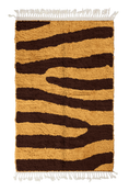 Load image into Gallery viewer, Fork Stride zebra stripe wool rug, dark brown stripes on ochre yellow, full view from above with fringed ends
