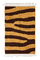 Fork Stride zebra stripe wool rug, dark brown stripes on ochre yellow, full view from above with fringed ends