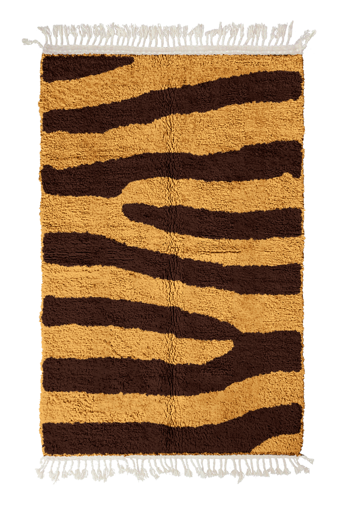 Fork Stride zebra stripe wool rug, dark brown stripes on ochre yellow, full view from above with fringed ends
