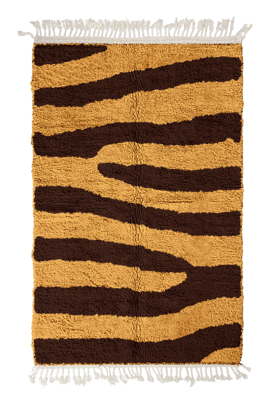 Fork Stride zebra stripe wool rug, dark brown stripes on ochre yellow, full view from above with fringed ends