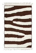 Load image into Gallery viewer, Fork Stride zebra stripe wool rug, cream stripes on dark espresso brown, full view from above with fringed ends

