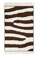 Fork Stride zebra stripe wool rug, cream stripes on dark espresso brown, full view from above with fringed ends