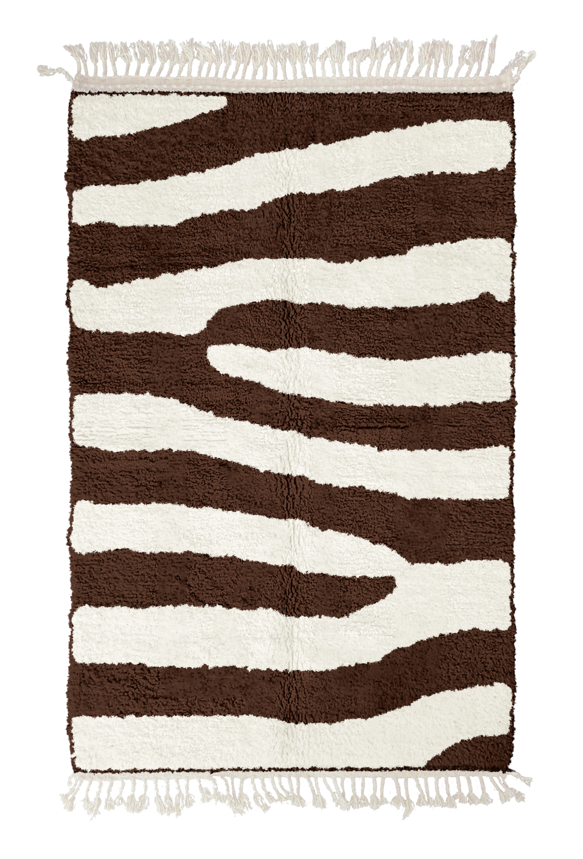 Fork Stride zebra stripe wool rug, cream stripes on dark espresso brown, full view from above with fringed ends