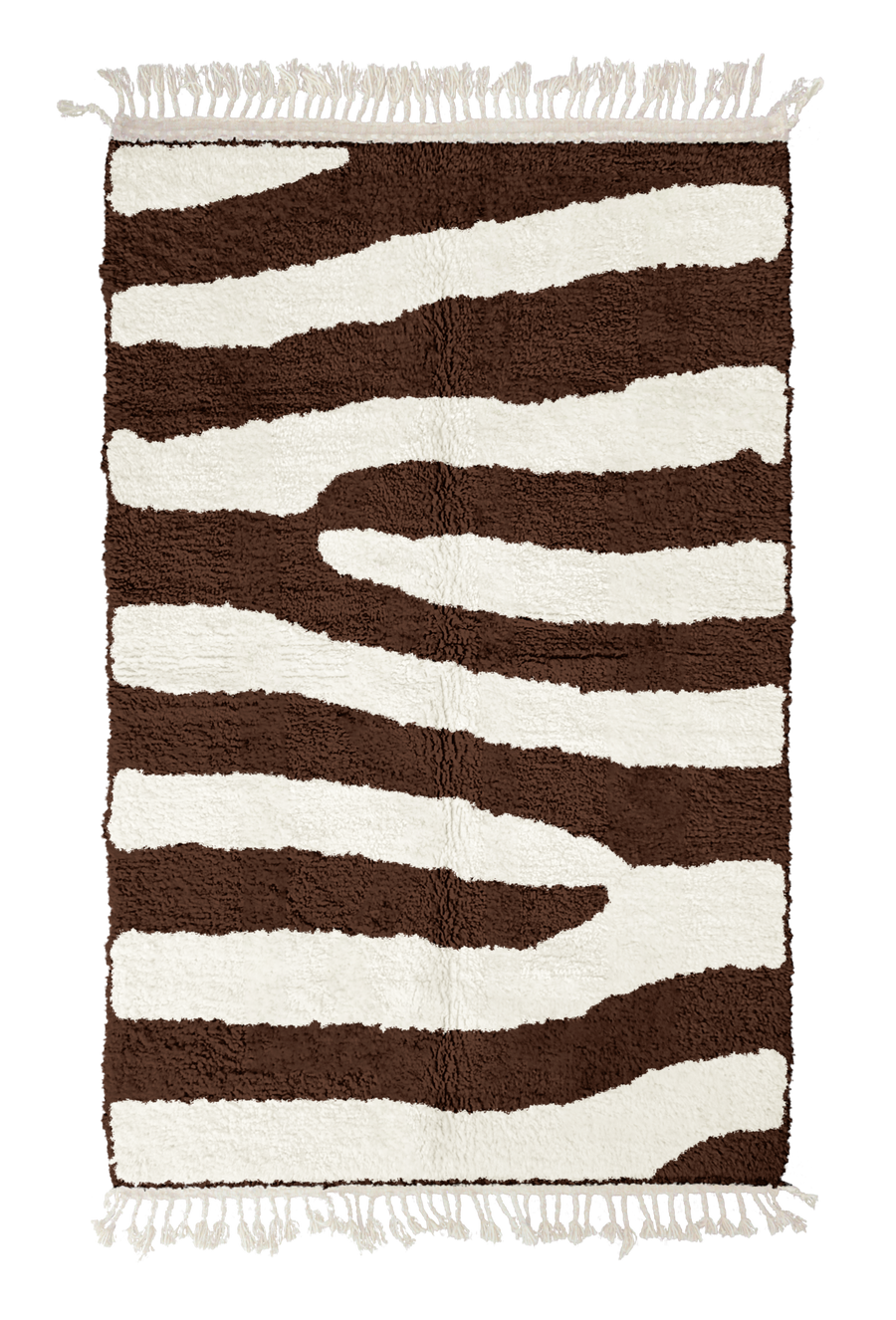Fork Stride zebra stripe wool rug, cream stripes on dark espresso brown, full view from above with fringed ends