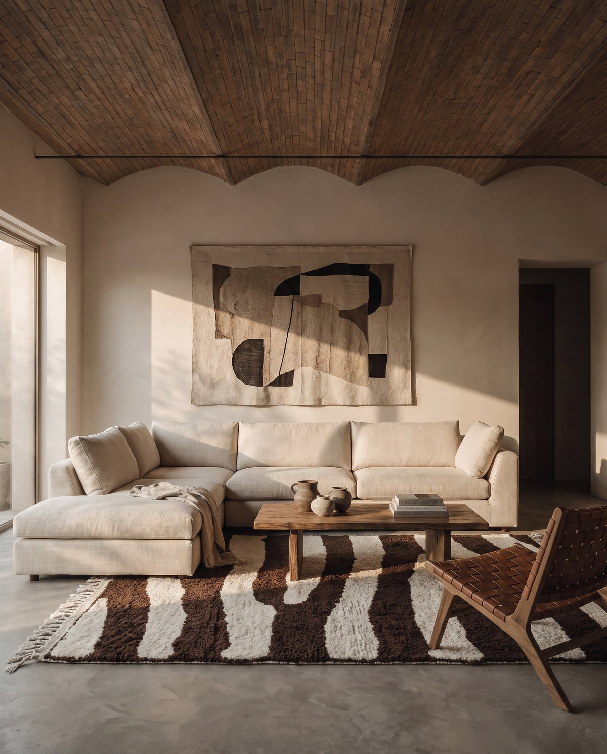 Cream and Dark Brown zebra stripe wool rug in a furnished room