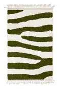 Load image into Gallery viewer, Fork Stride zebra stripe wool rug, olive green stripes on cream, full view from above with fringed ends
