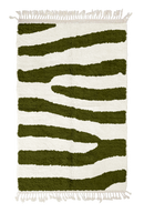 Fork Stride zebra stripe wool rug, olive green stripes on cream, full view from above with fringed ends