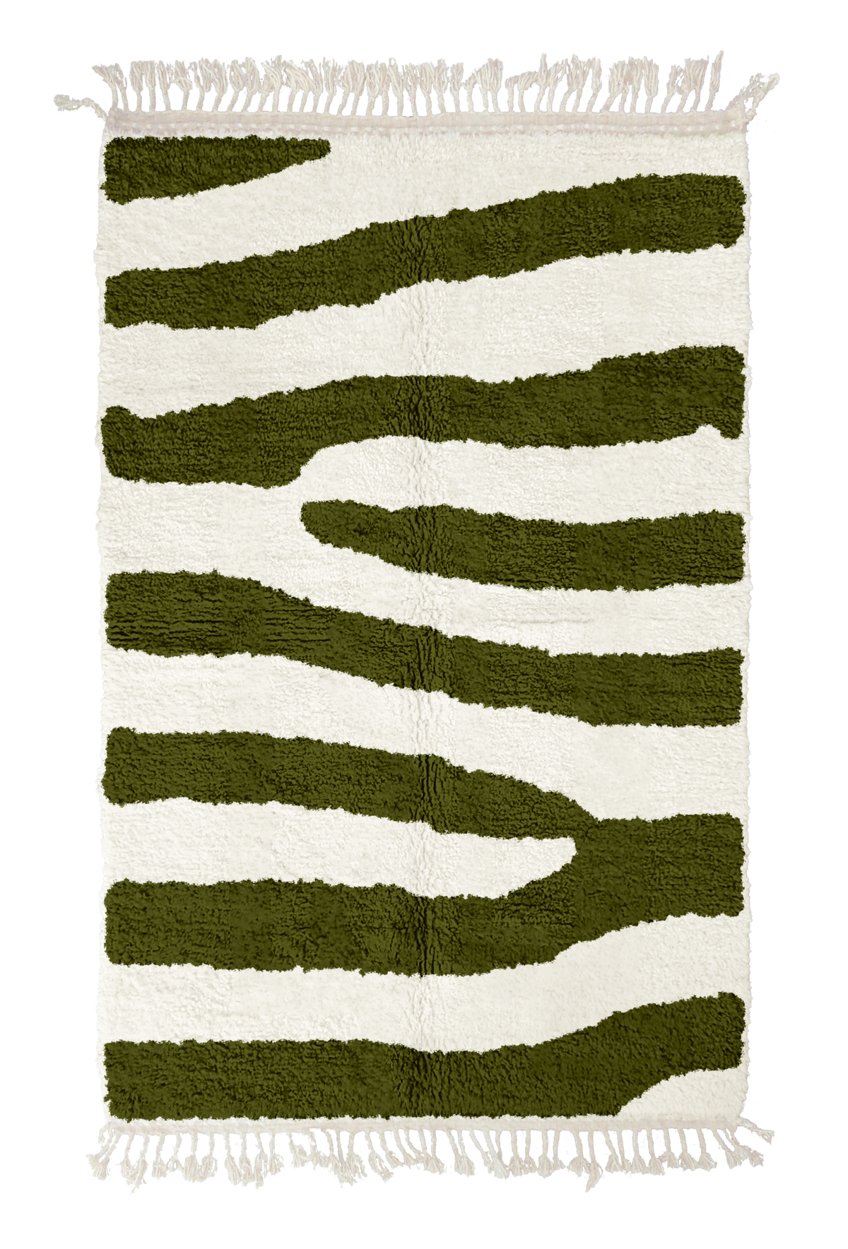 Fork Stride zebra stripe wool rug, olive green stripes on cream, full view from above with fringed ends