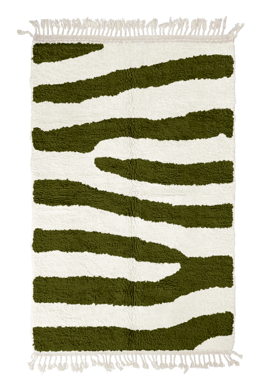 Fork Stride zebra stripe wool rug, olive green stripes on cream, full view from above with fringed ends