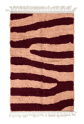 Load image into Gallery viewer, Fork Stride zebra stripe wool rug, oxblood red stripes on blush pink, full view from above with fringed ends
