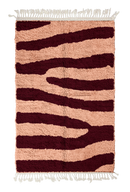 Fork Stride zebra stripe wool rug, oxblood red stripes on blush pink, full view from above with fringed ends
