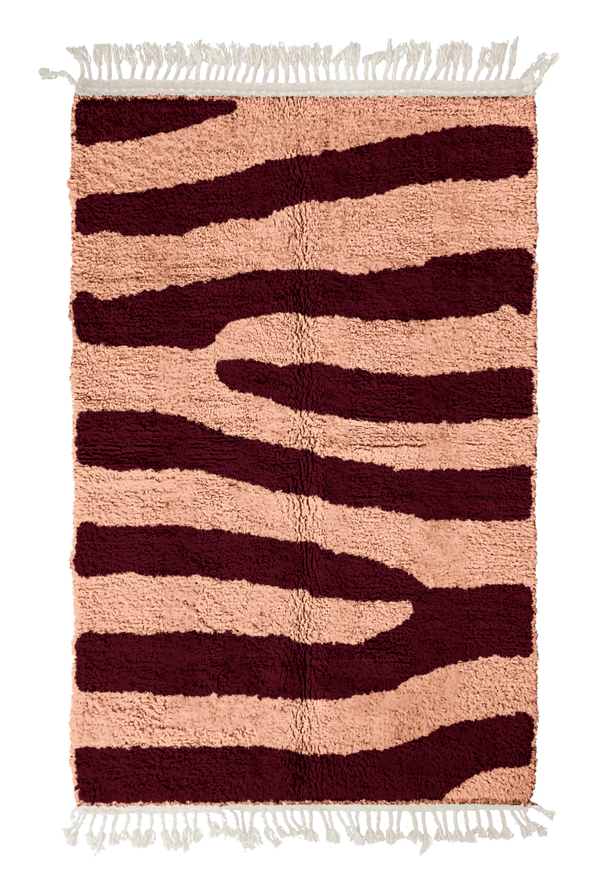 Fork Stride zebra stripe wool rug, oxblood red stripes on blush pink, full view from above with fringed ends