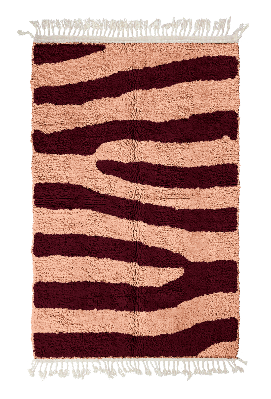 Fork Stride zebra stripe wool rug, oxblood red stripes on blush pink, full view from above with fringed ends