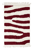 Load image into Gallery viewer, Fork Stride zebra stripe wool rug, burgundy stripes on cream, full view from above with fringed ends
