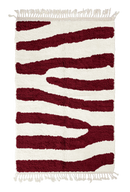Fork Stride zebra stripe wool rug, burgundy stripes on cream, full view from above with fringed ends