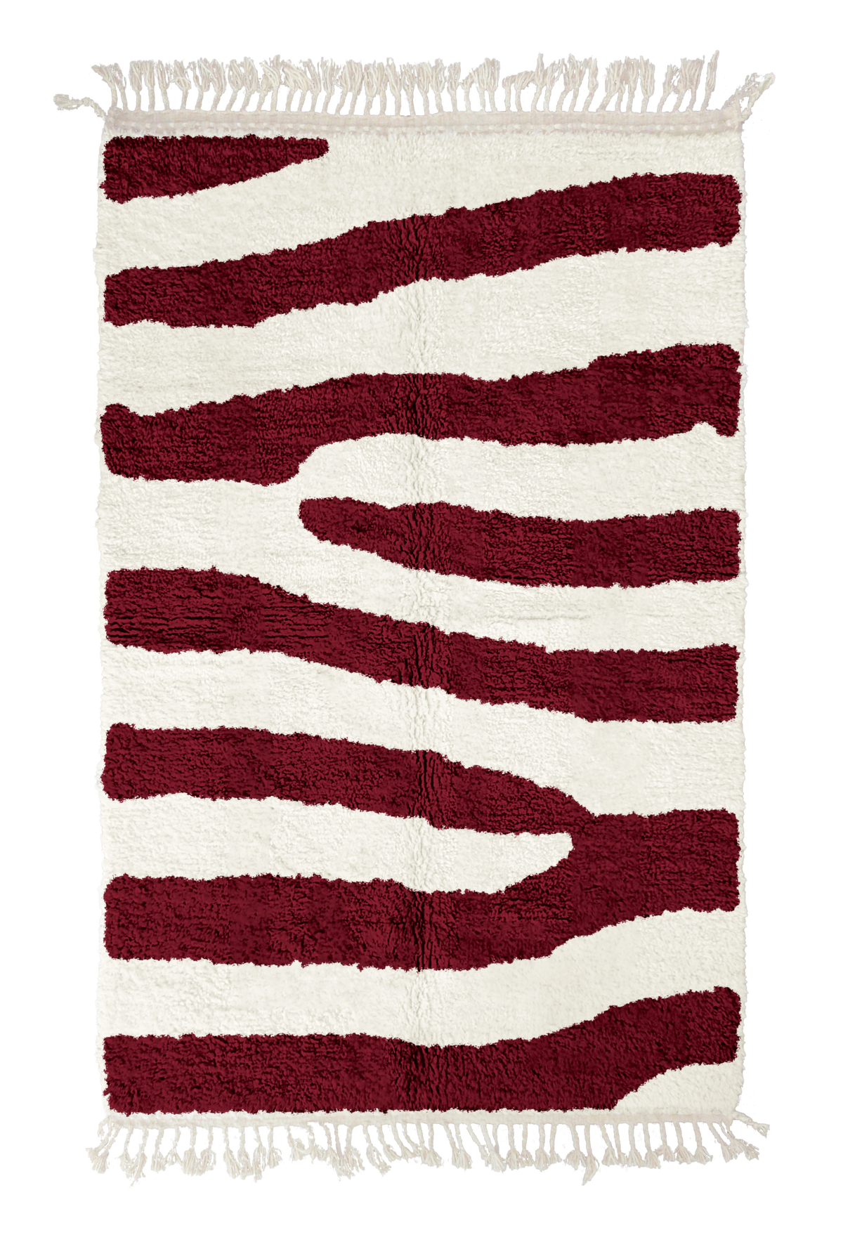 Fork Stride zebra stripe wool rug, burgundy stripes on cream, full view from above with fringed ends