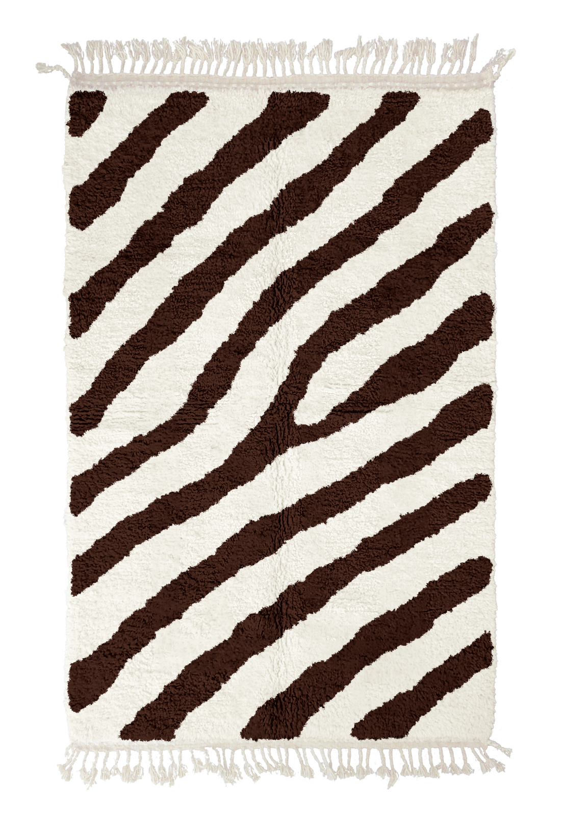 Slant Stride zebra stripe wool rug, dark brown stripes on cream, full view from above with fringed ends