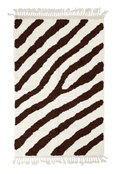 Load image into Gallery viewer, Slant Stride zebra stripe wool rug, dark brown stripes on cream, full view from above with fringed ends
