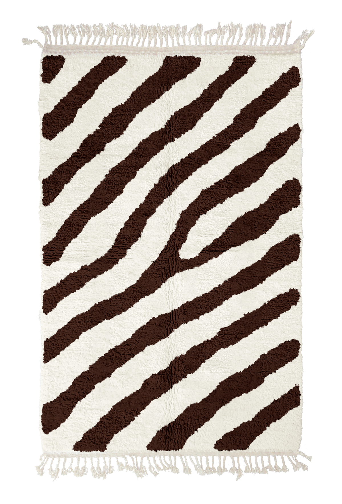 Slant Stride zebra stripe wool rug, dark brown stripes on cream, full view from above with fringed ends