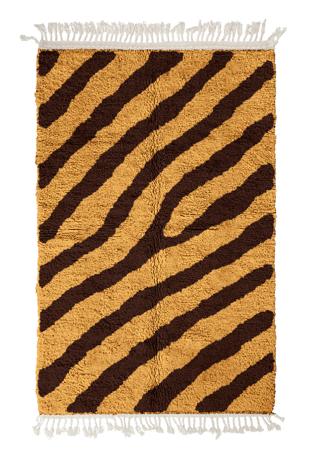 Slant Stride zebra stripe wool rug, dark brown stripes on ochre yellow, full view from above with fringed ends