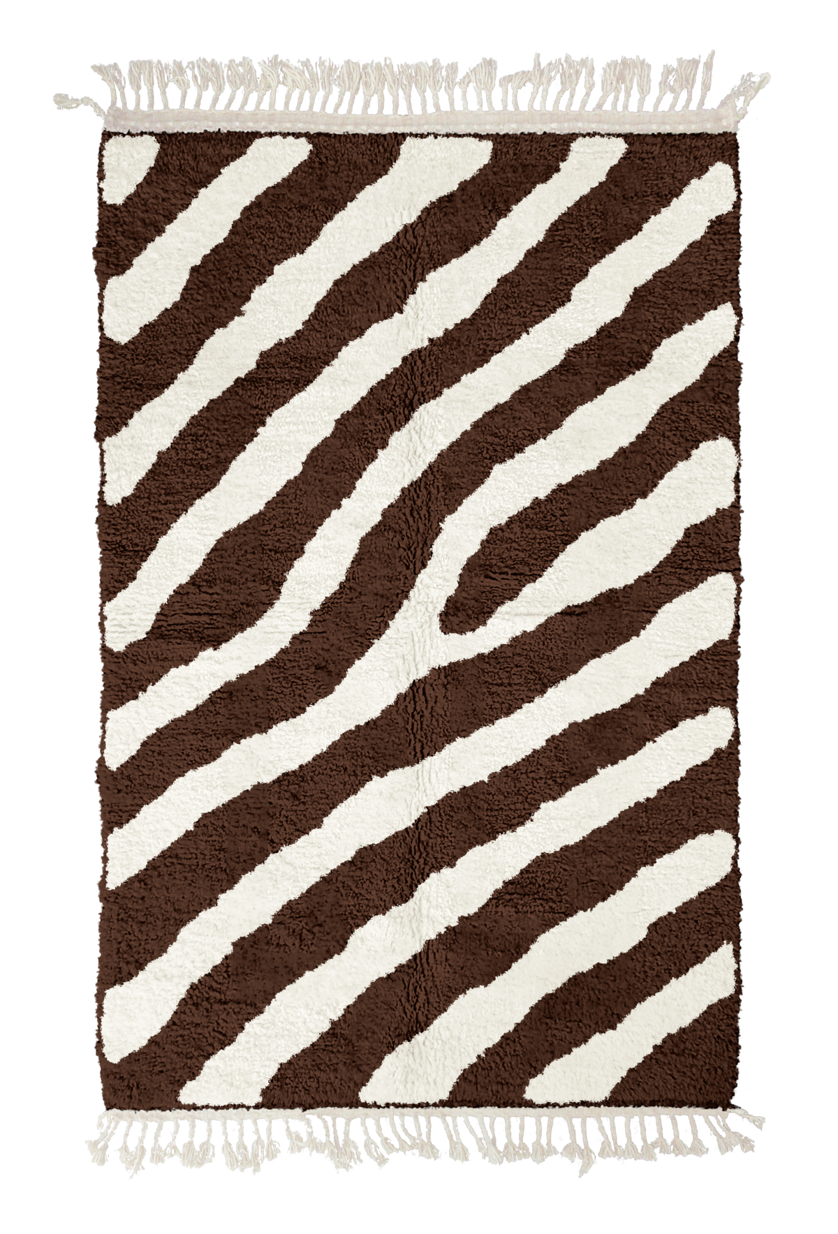 Slant Stride zebra stripe wool rug, cream stripes on dark espresso brown, full view from above with fringed ends