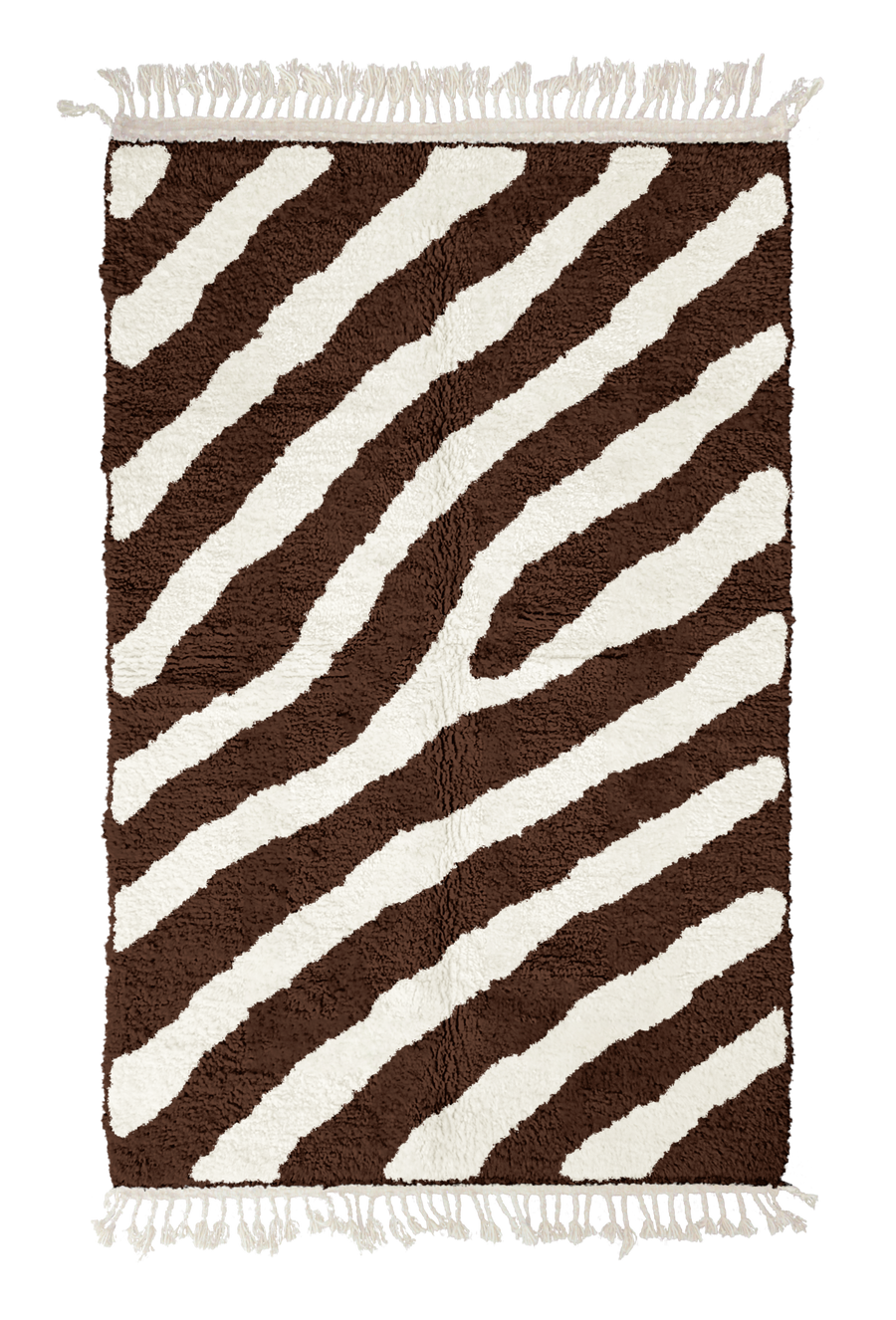Slant Stride zebra stripe wool rug, cream stripes on dark espresso brown, full view from above with fringed ends