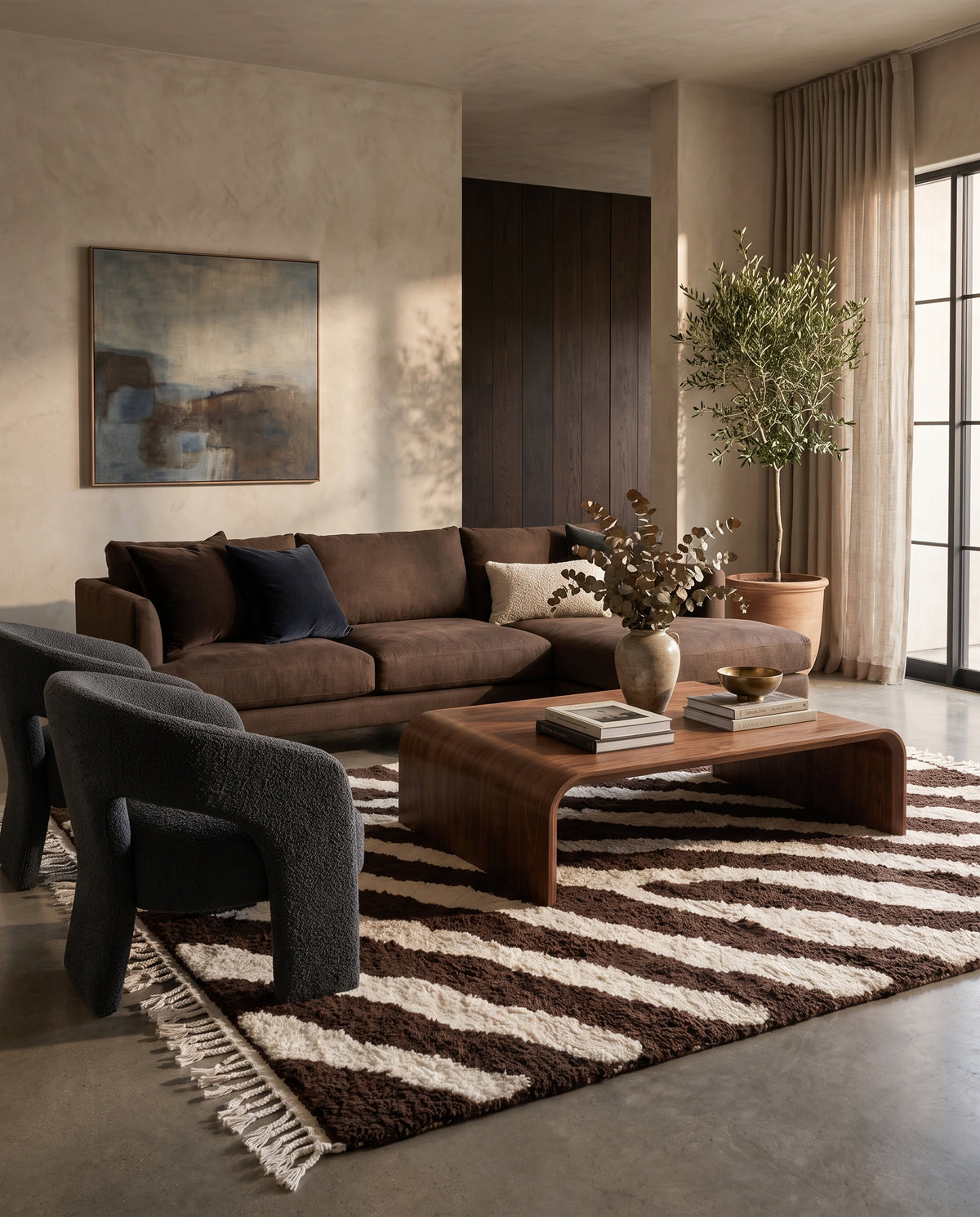 Cream and Dark Brown zebra stripe wool rug in a furnished room
