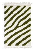 Load image into Gallery viewer, Slant Stride zebra stripe wool rug, olive green stripes on cream, full view from above with fringed ends
