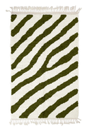 Slant Stride zebra stripe wool rug, olive green stripes on cream, full view from above with fringed ends