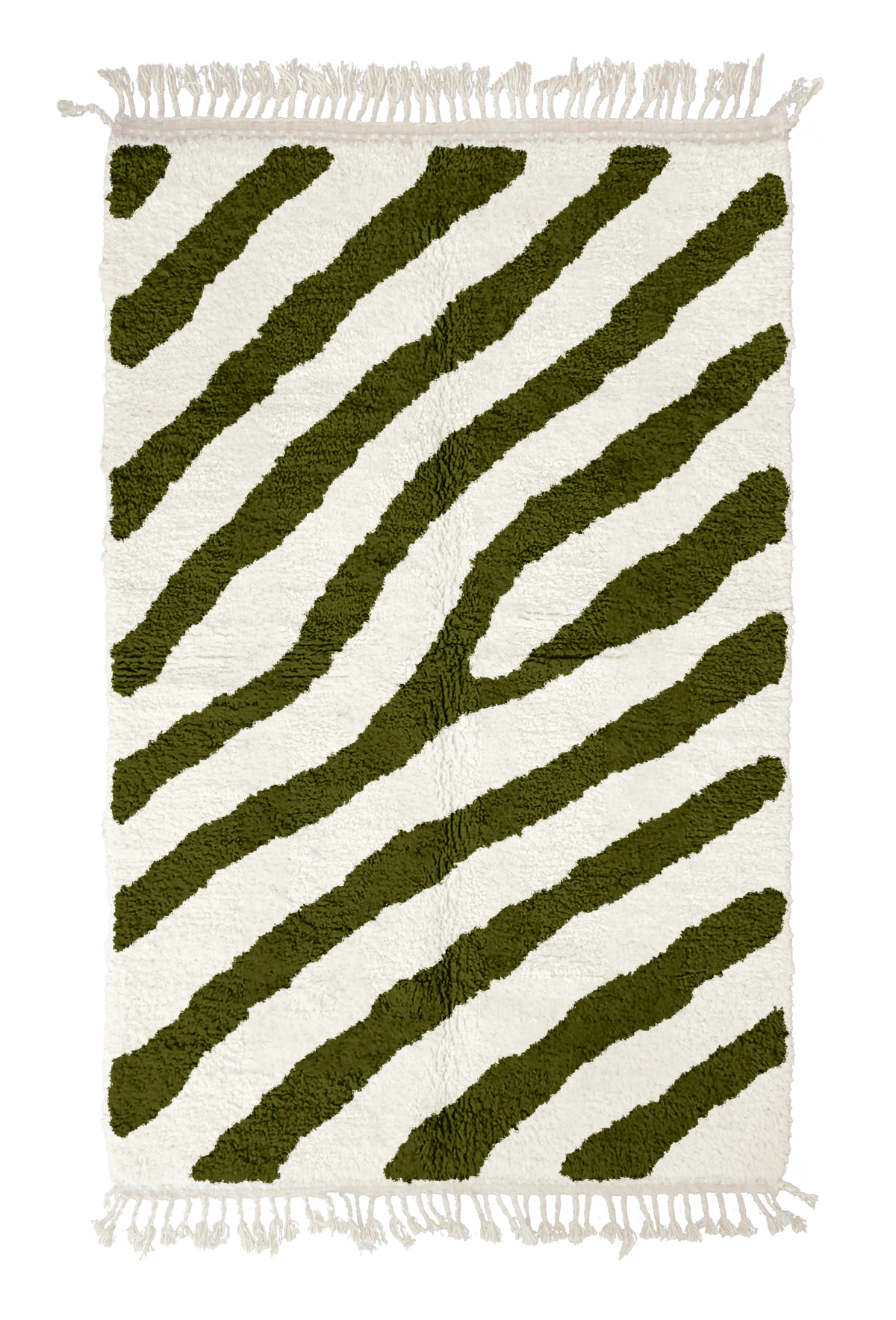 Slant Stride zebra stripe wool rug, olive green stripes on cream, full view from above with fringed ends