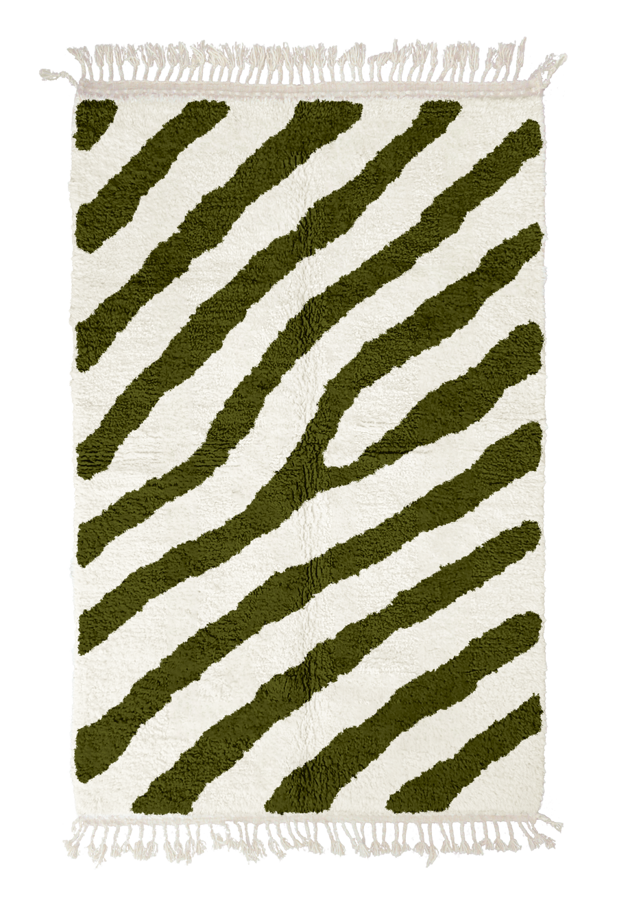 Slant Stride zebra stripe wool rug, olive green stripes on cream, full view from above with fringed ends