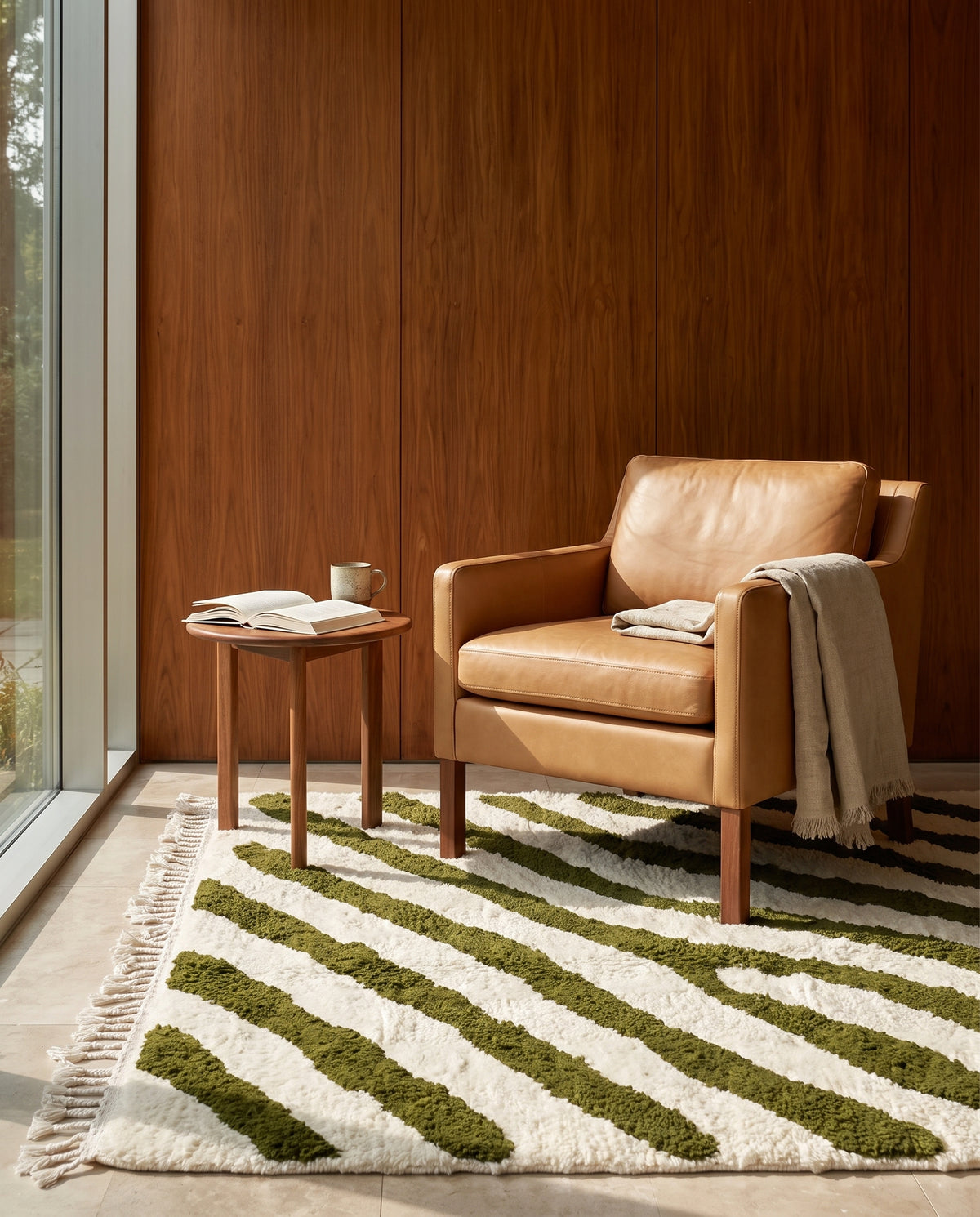 Olive Green and Cream zebra stripe wool rug in a furnished room