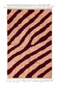 Load image into Gallery viewer, Slant Stride zebra stripe wool rug, oxblood red stripes on blush pink, full view from above with fringed ends
